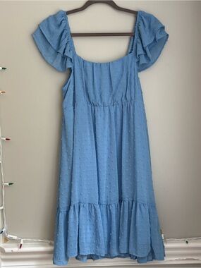 Rewind Powder Blue Ruffled Swiss Dot Mini Dress